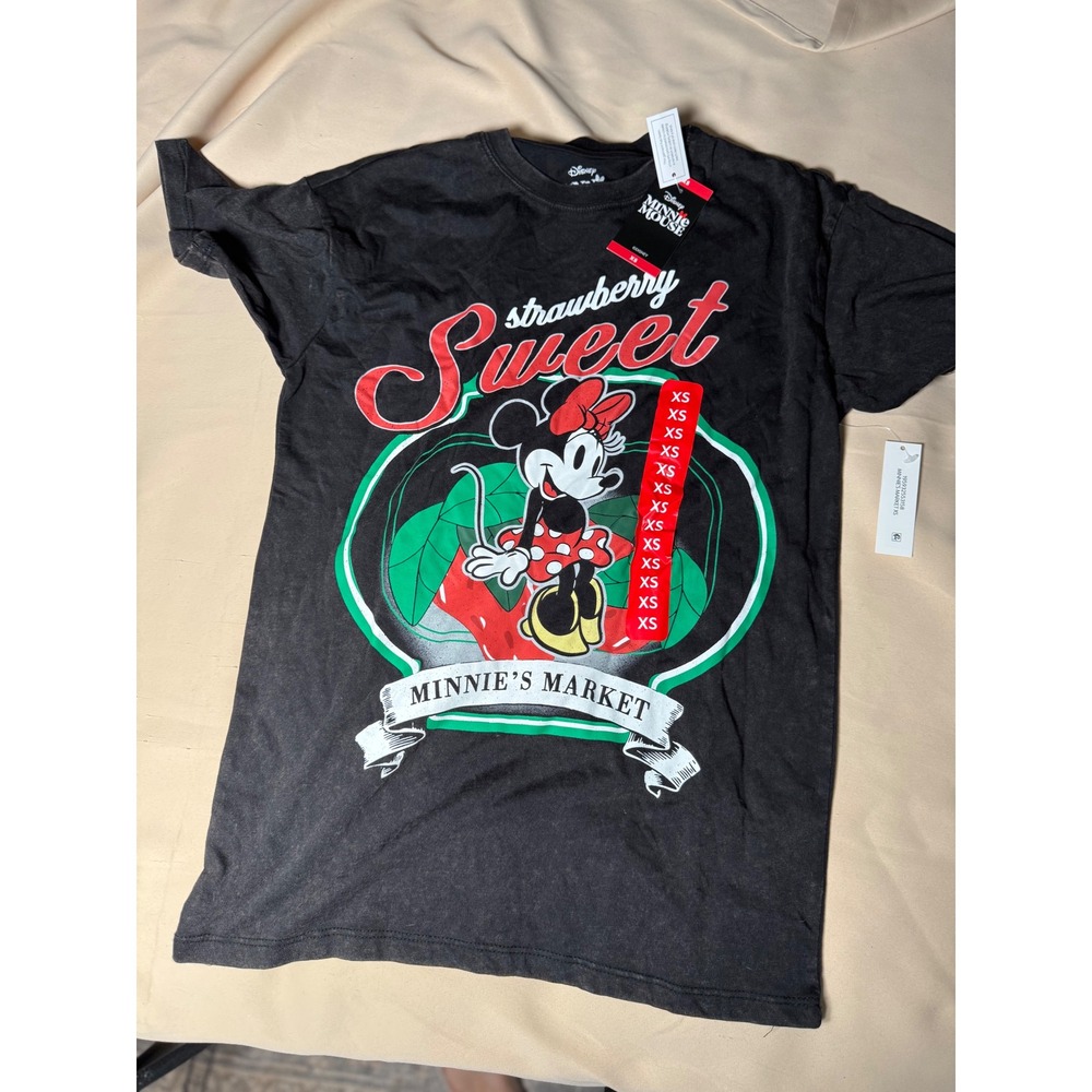 Disney Minnie Mouse Strawberry Sweet Market Graphic Tee Black Mineral Wash XS